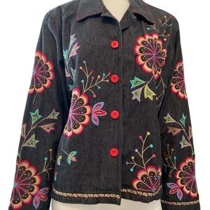 Units Women’s Sz 1X Embroidered Beaded Black Denim Floral Jacket Art To Wear